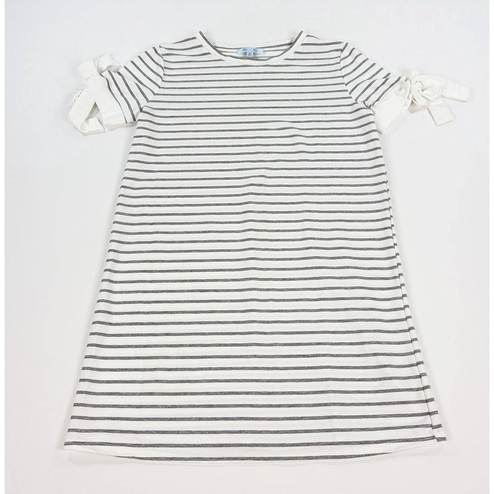 She + Sky Striped T-Shirt Dress Women's M Gray White Short Sleeve Tie Cuff Dress